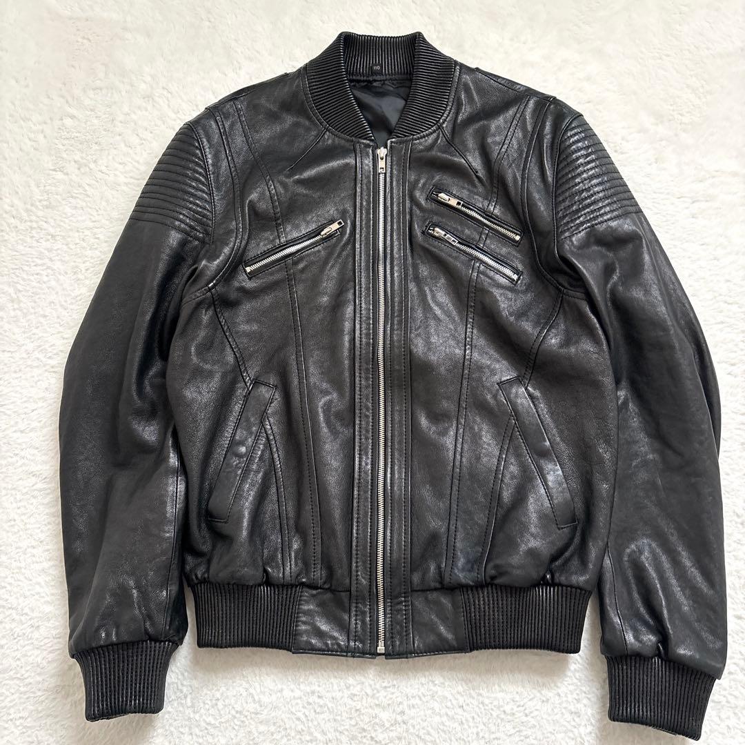 【美品】ラムレザー シングルライダース ボンバージャケット 本革 リブ イタリア