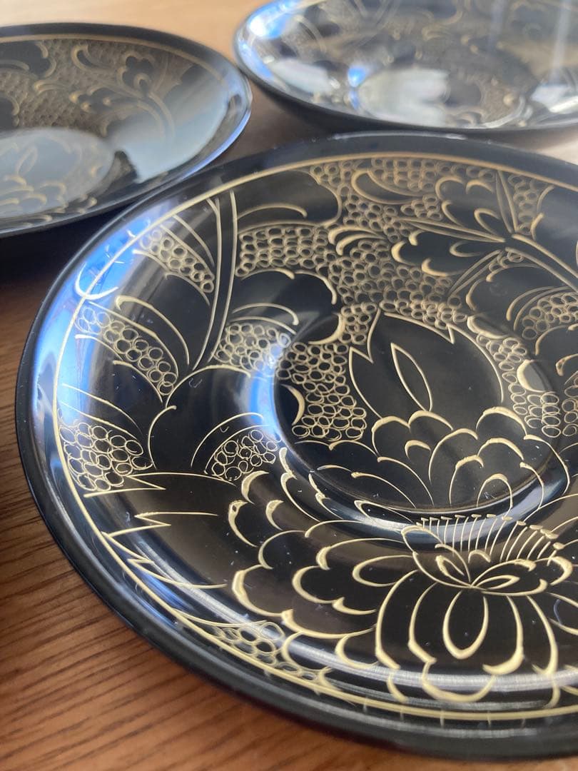 輪島塗　茶托　沈金　牡丹唐草