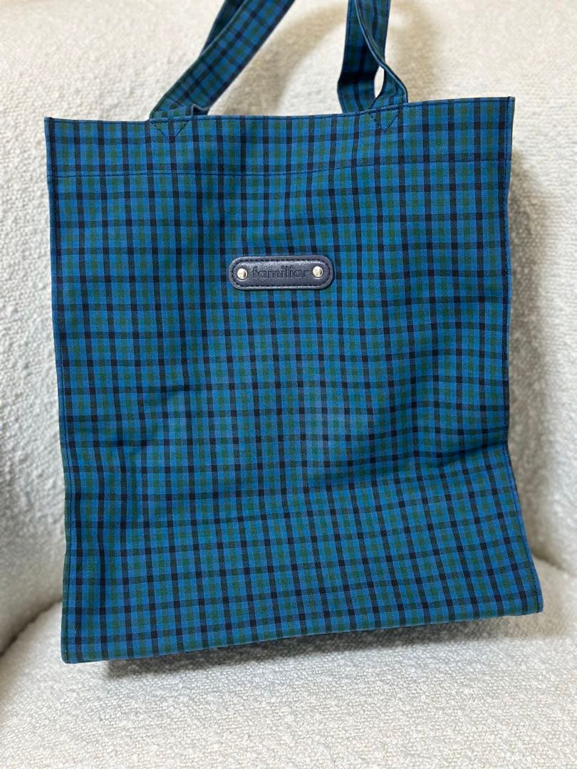 ファミリア　大人気チェック　トートバッグ　青　美品