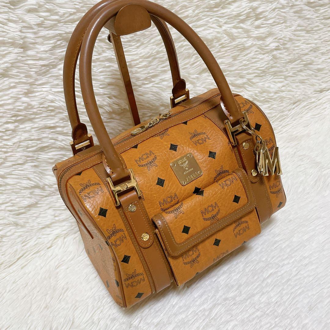 MCM エムシーエム ミニボストン レザー ブラウン ヴィセトス ロゴチャーム