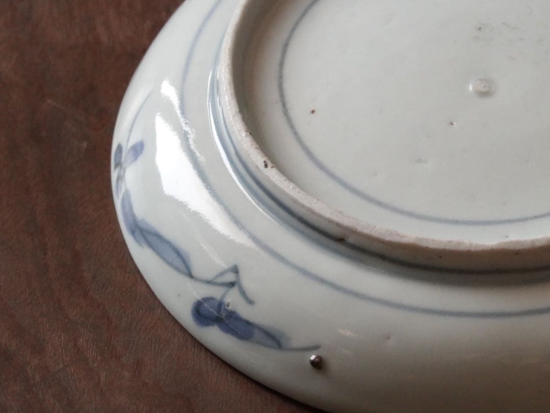 江戸時代 前期 古伊万里 藍九谷 染付 墨弾き縁 花鳥文 皿 小皿 飾皿