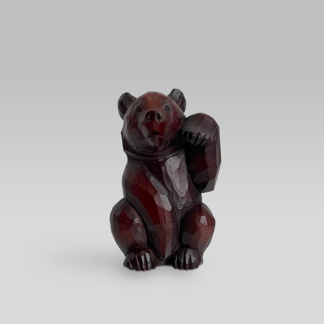 90s オールド【木彫り熊】北海道 民芸 工藝「招き熊」オブジェ 置物