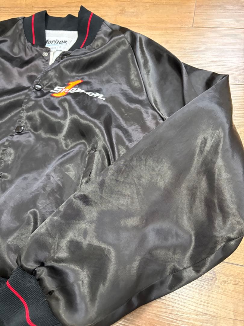 USA製 Snap-on 刺繍 サテンジャケット ラグラン ブラック M D