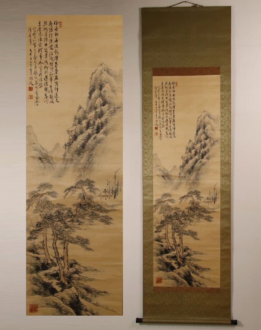 【模写】日本画 田能村直入 山水図 絹本 掛け軸 木箱 幕末明治期 M815