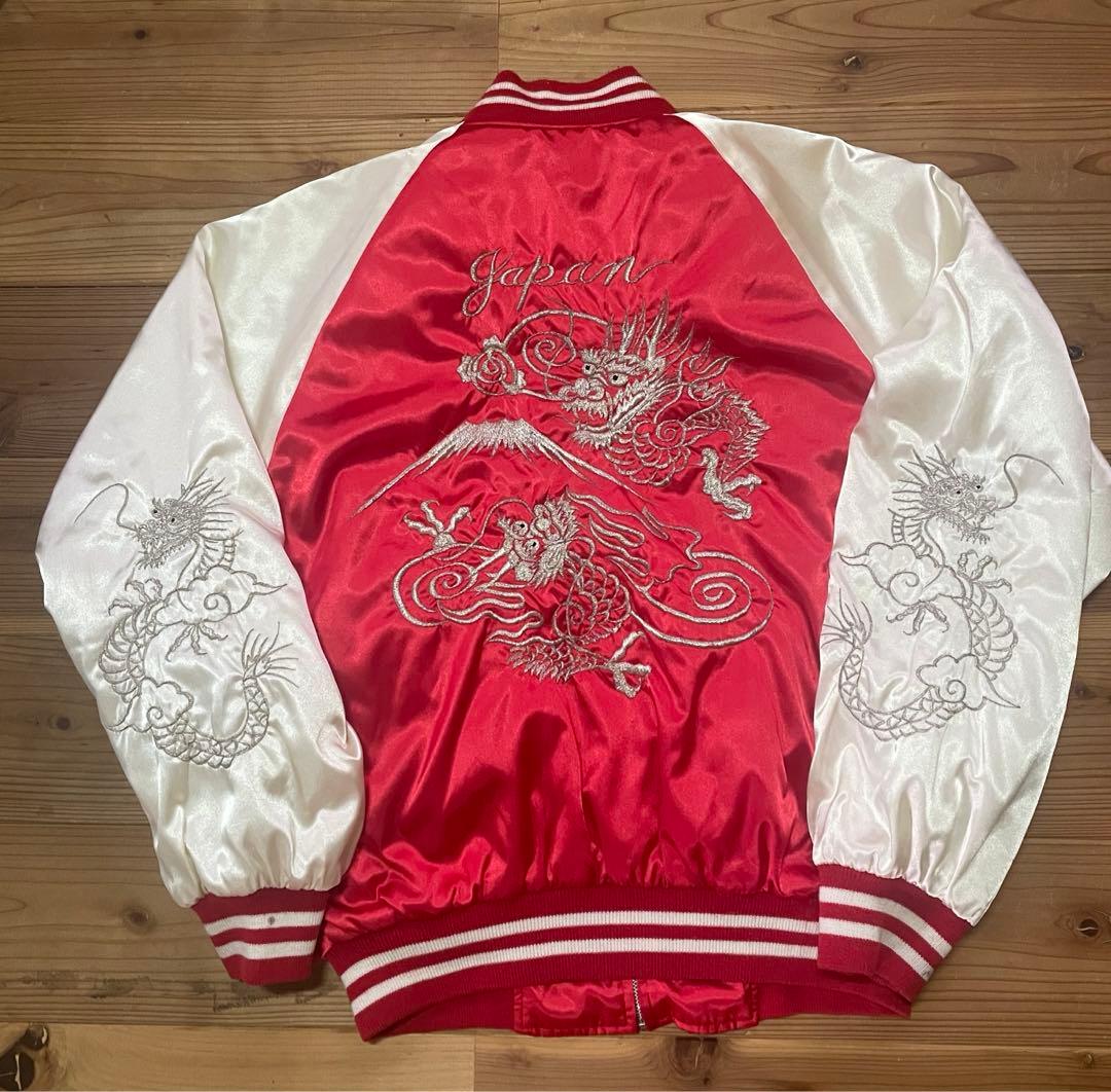 80s ドラゴン刺繍 スカジャン 赤白 - メルカリ