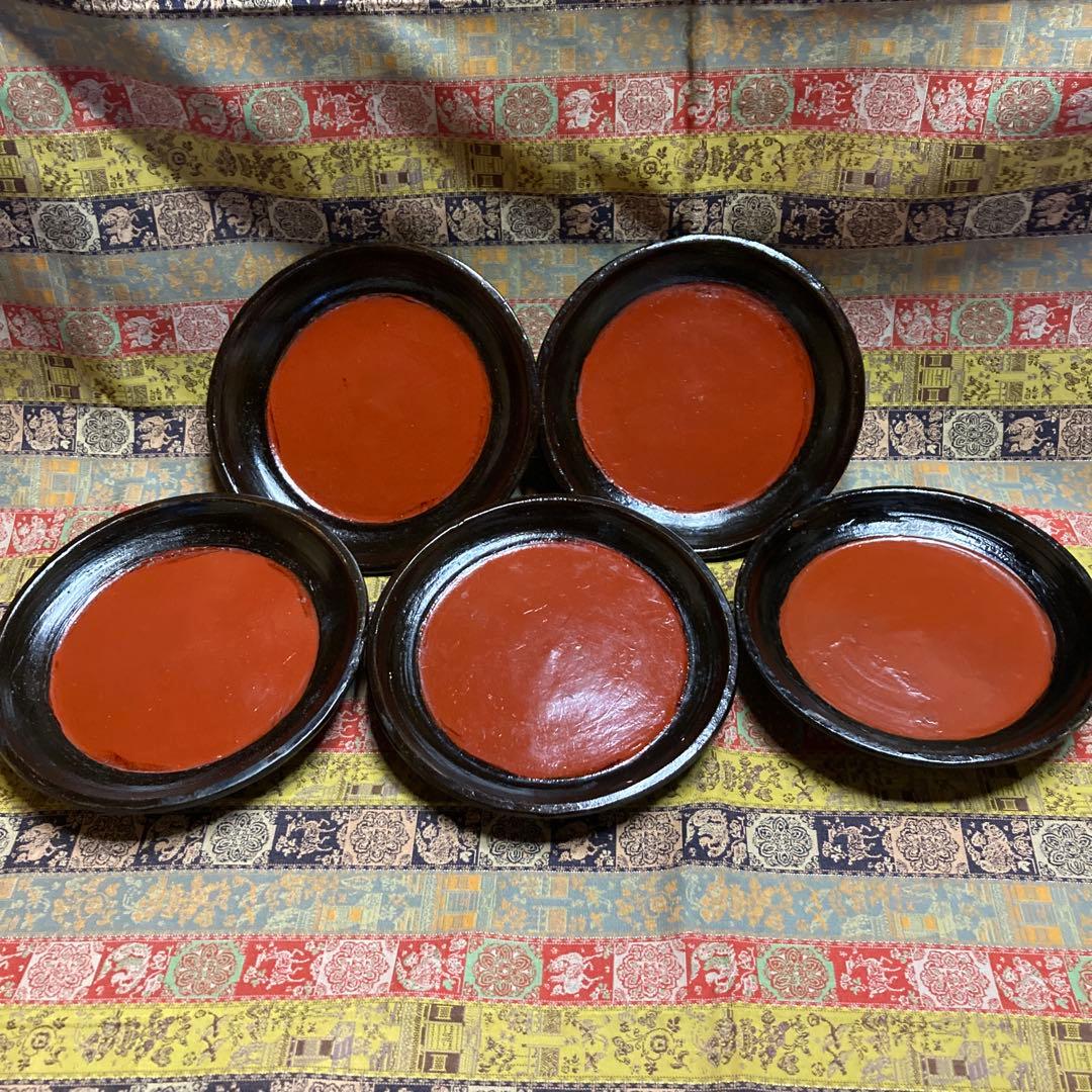 時代 根来塗 盆 5点 民芸（根来 伊万里） 15×2.5cm 木箱入り