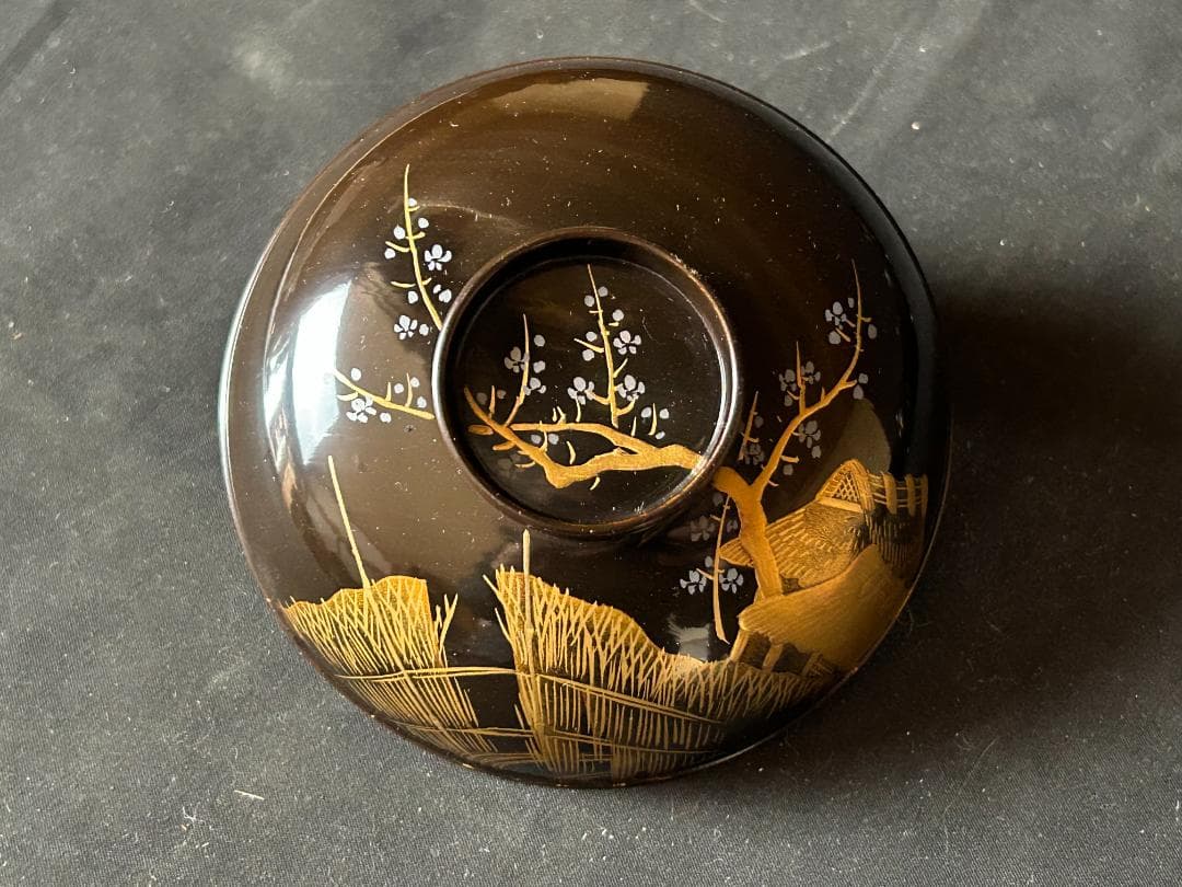 時代 輪島塗 本金蒔絵 絵替り 黒塗 天然木 吸物椀 9客 茶懐石道具980