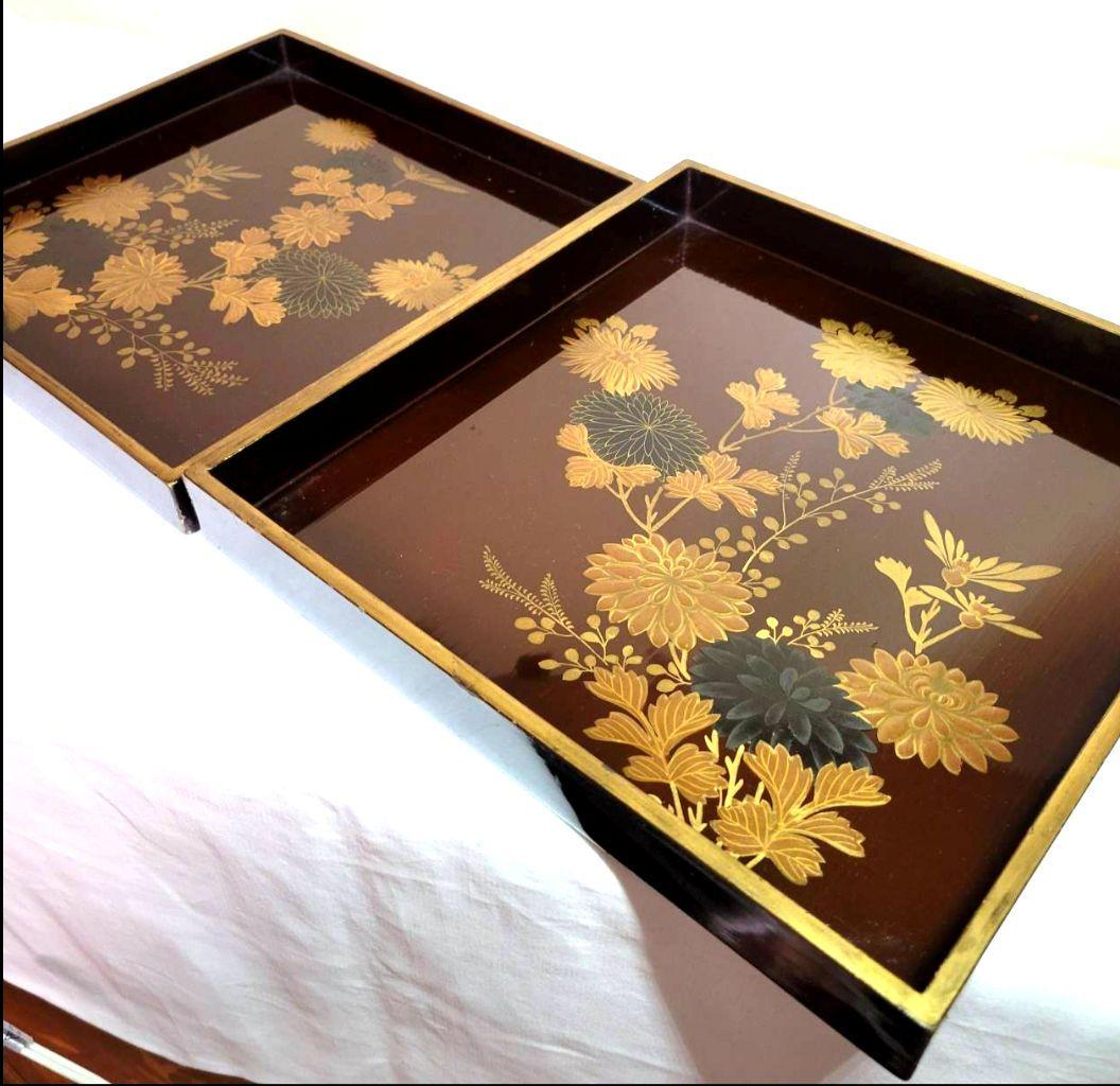 【最終価格】【時代物:文政1825年】金蒔絵 草花文 角盆 2枚揃 共箱　封書付