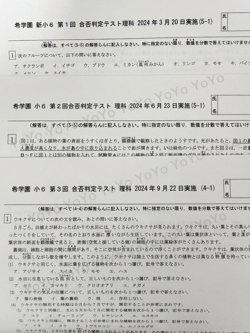 希学園 小6 習熟度確認テスト 2025年度 合否判定テスト2024年度3科目