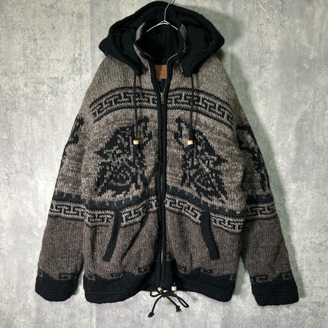 希少 ネパール製 ニット パーカー 裏地フリース ネイティブ柄 黒 茶 希少 ネパール製 ニット パーカー 裏地フリース ネイティブ柄 黒 茶