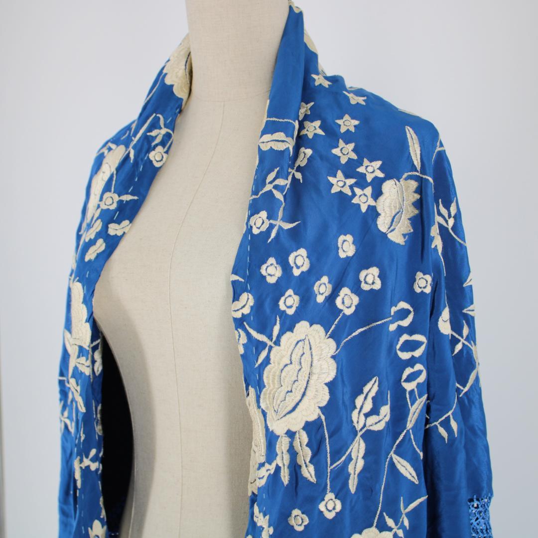 フラメンコ衣装】ブルー ネイビー マントン シージョ 刺繍 フレコ付