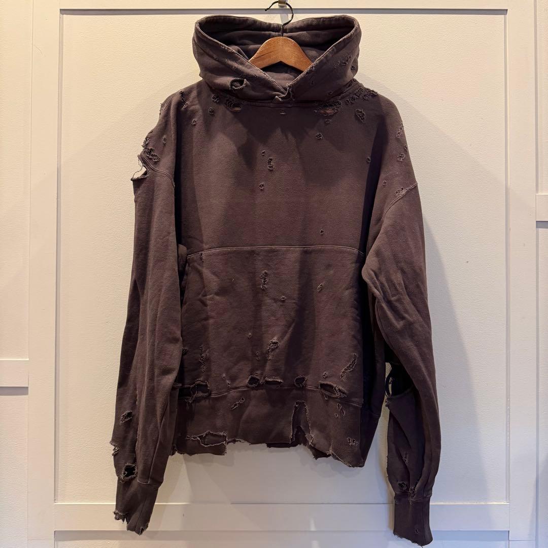 KURO ダメージ加工 ダークグレー フード付きパーカー