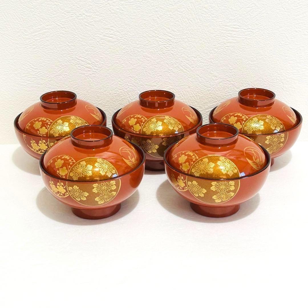 ⭐️ 会津塗 天然木加工品 四君子蒔絵 朱内朱 蓋付きお吸物椀揃 5客 ⭐️