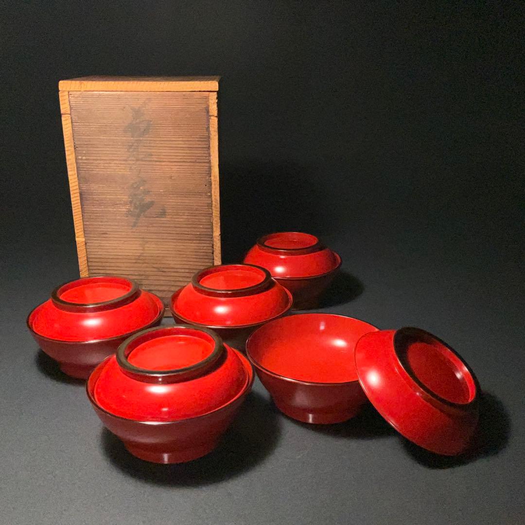 漆塗　朱　蓋つき菓子器５客組　時代漆　R1353お3