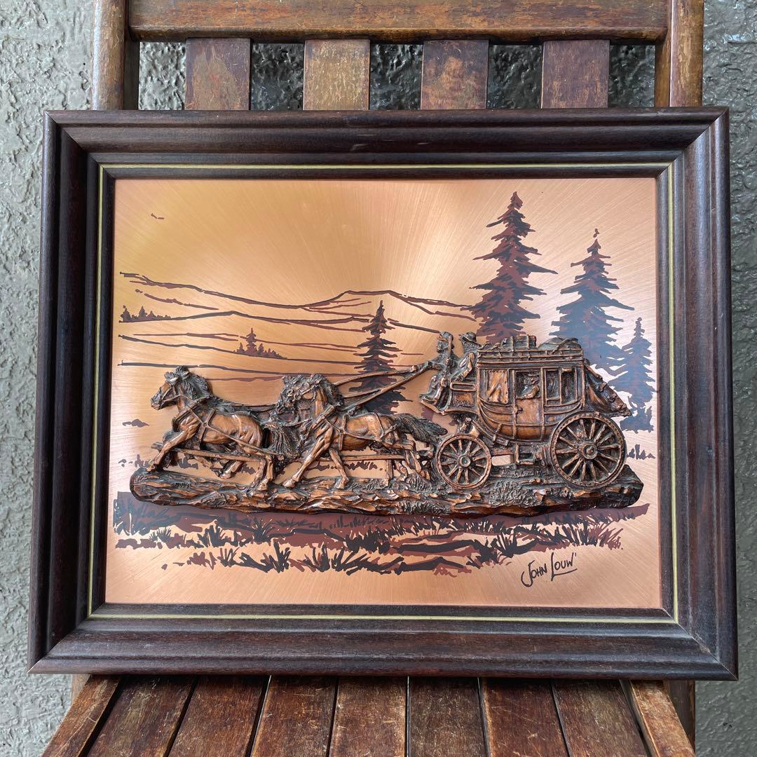 貴重！70's アメリカアンティーク　ウエスタン風景壁掛け　馬車インテリア雑貨 貴重！70's アメリカアンティーク ウエスタン風景壁掛け 馬車