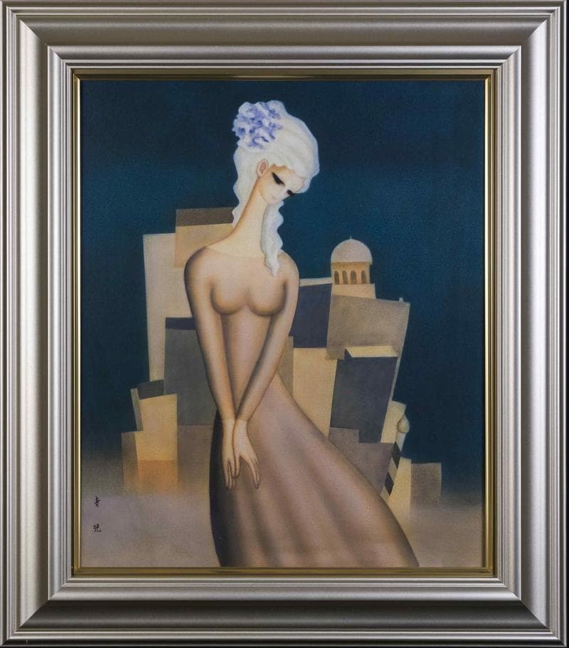 東郷青児　油彩　肉筆『ベニス』表と裏サイン　画廊シール　F8号　額装　b765