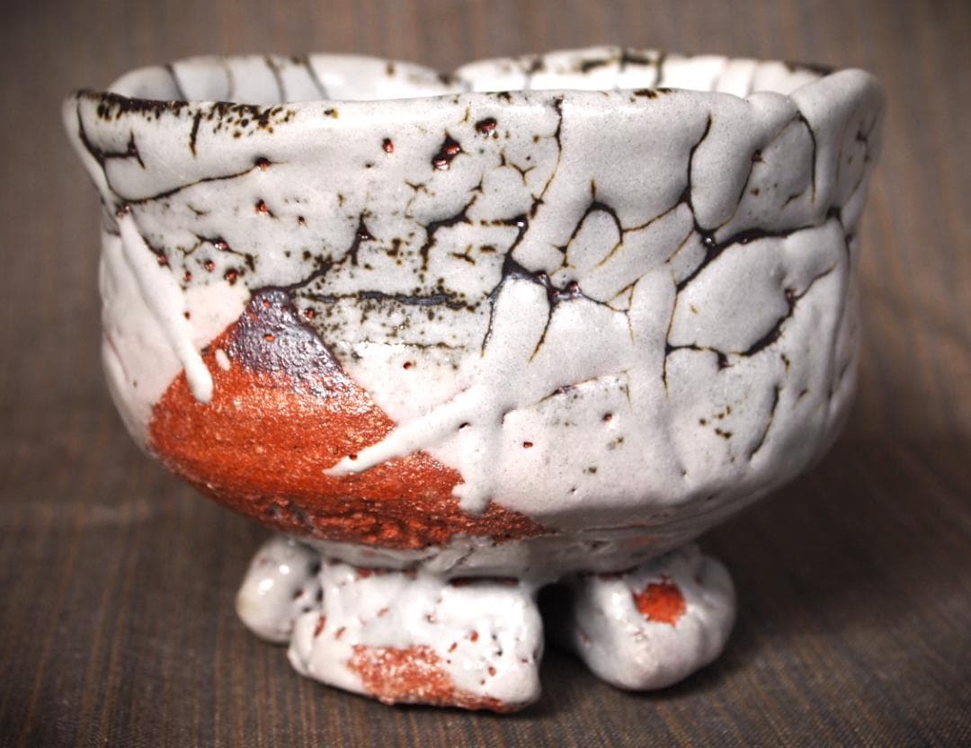 希少作☆十一代三輪休雪【三輪壽雪】白萩《鬼萩》茶碗☆二重箱・人間