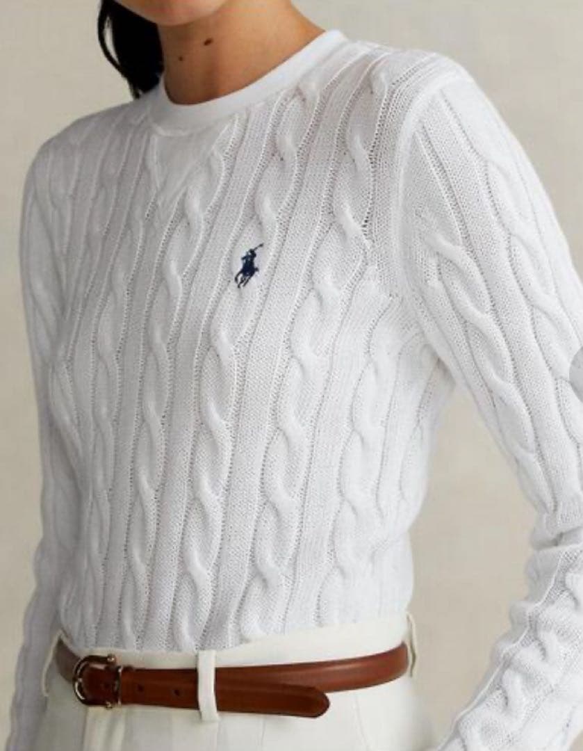 ポロラルフローレン❤️ケーブルニット　コットン　ネイビーポニー刺繍　白　L ポロラルフローレン❤️ケーブルニット コットン ネイビーポニー刺繍