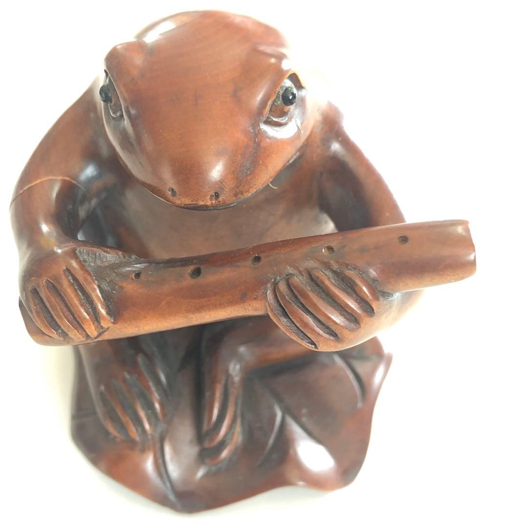 カエル蓮に音楽蛙手作り一刀彫りアンティークオブジェインテリア現品無料発送