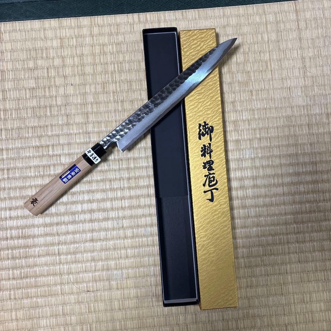 柳刃包丁 安来青鋼 波紋仕上げ 関孫六 青紙鋼ダマスカス 柳刃270mm