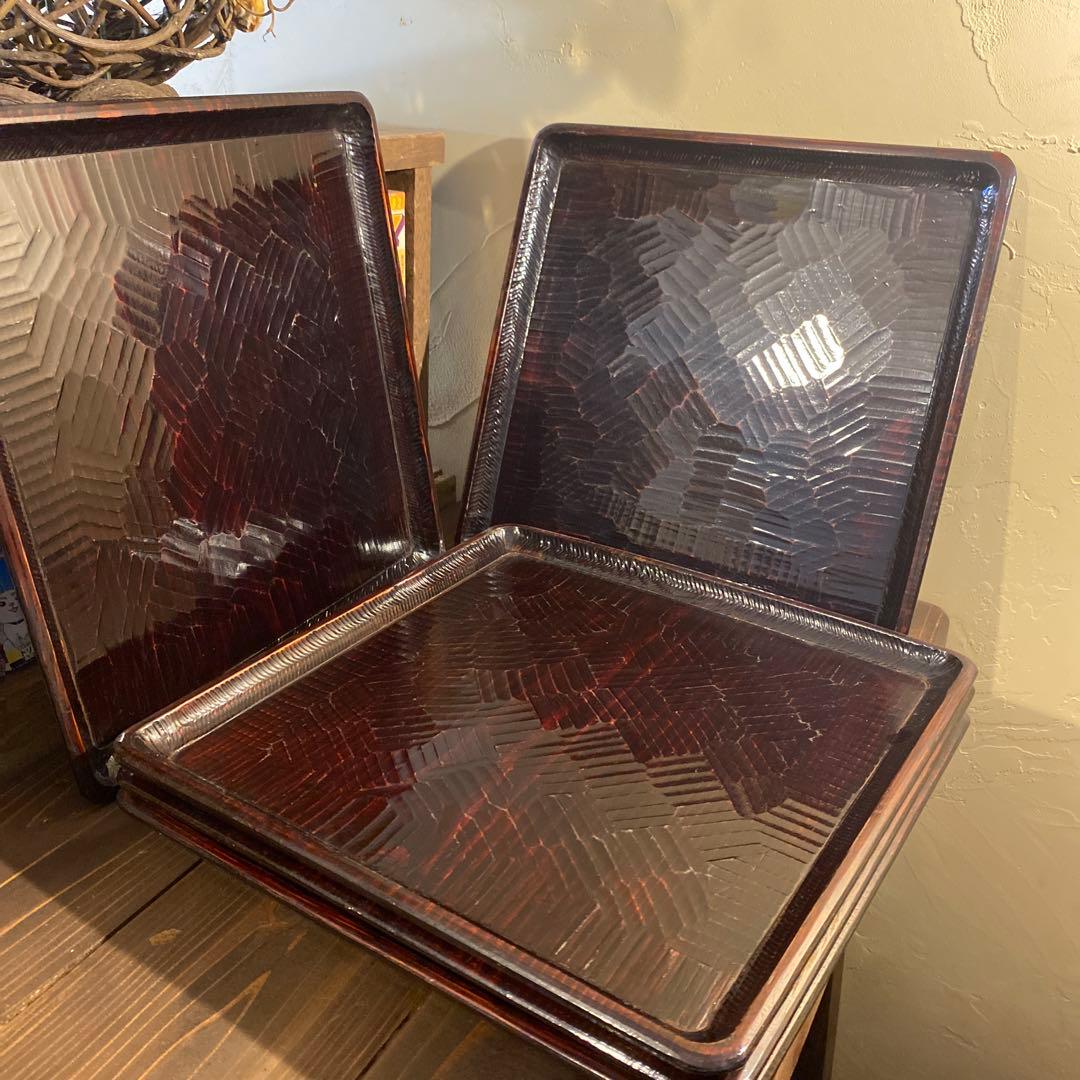 讃岐盆 木製彫刻模様入り正方形 お盆トレー　5つセット