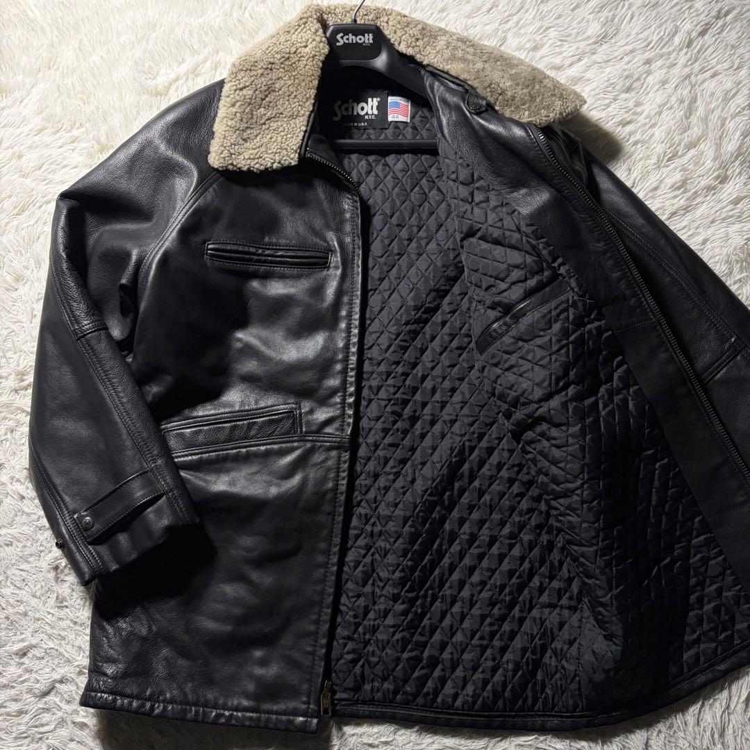 米国製■schott カーコート　レザージャケット　本革　襟ボア　ブラック　44