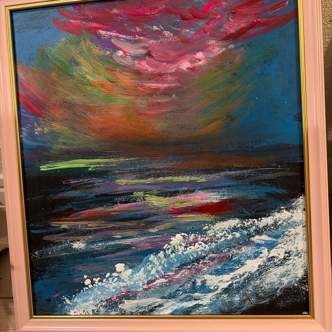 アクリル海の風景画 ピンクフレーム 海の絵 風景画『More fun』 アート ポスター 海 空 夏 希望 絵 絵画