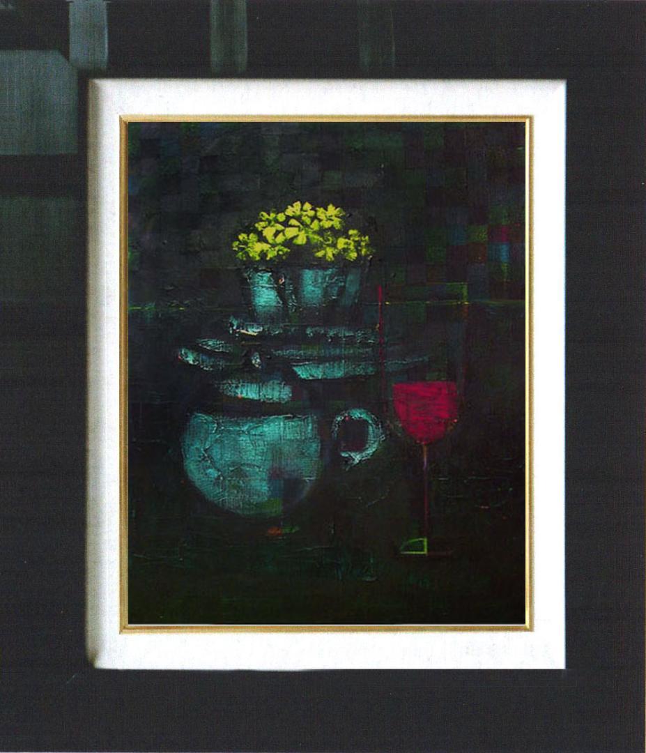 油絵 菅家令子絵 絵画インテリア額付(黒) uF6-063404 静物花グラス器