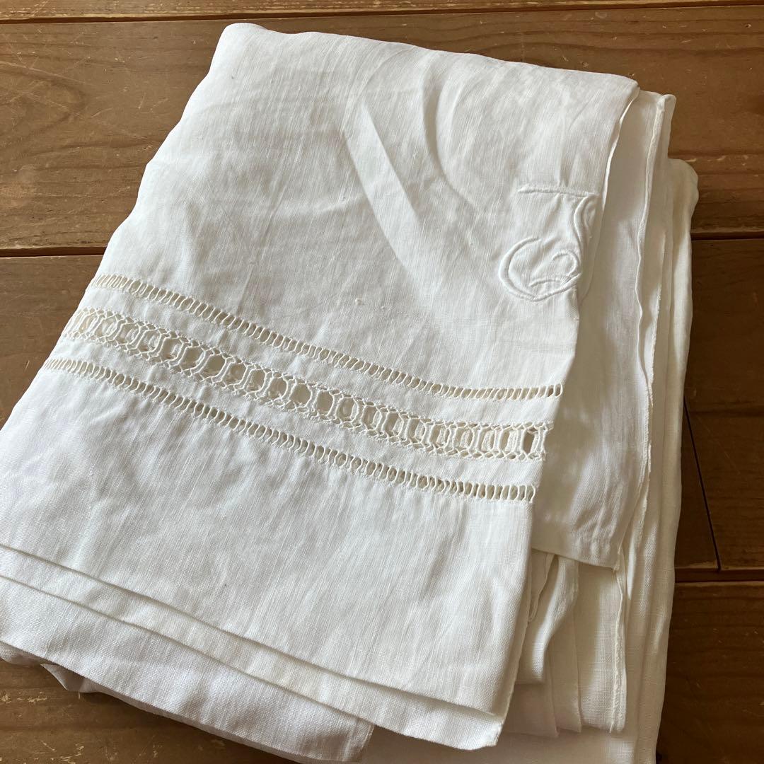フランス アンティーク リネン シーツ 麻 モノグラム 刺繍 カーテン　布地