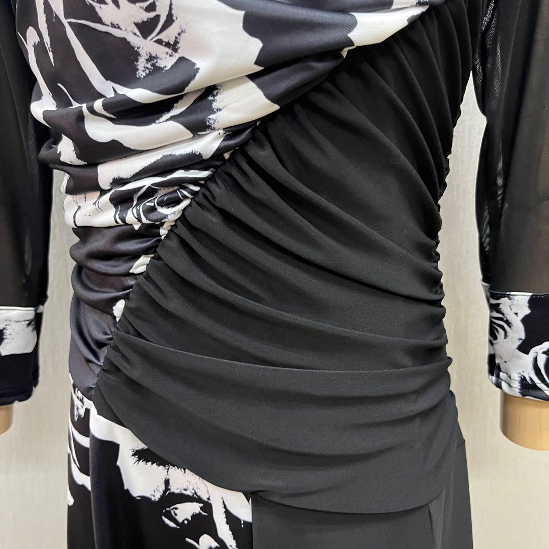 新品 社交ダンス ワンピース ブラック バラ柄 プリント サイズML