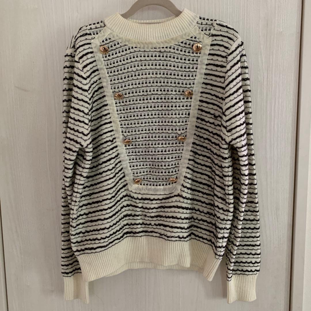 CHANEL アイボリーと黒のストライプ ニットセーター36