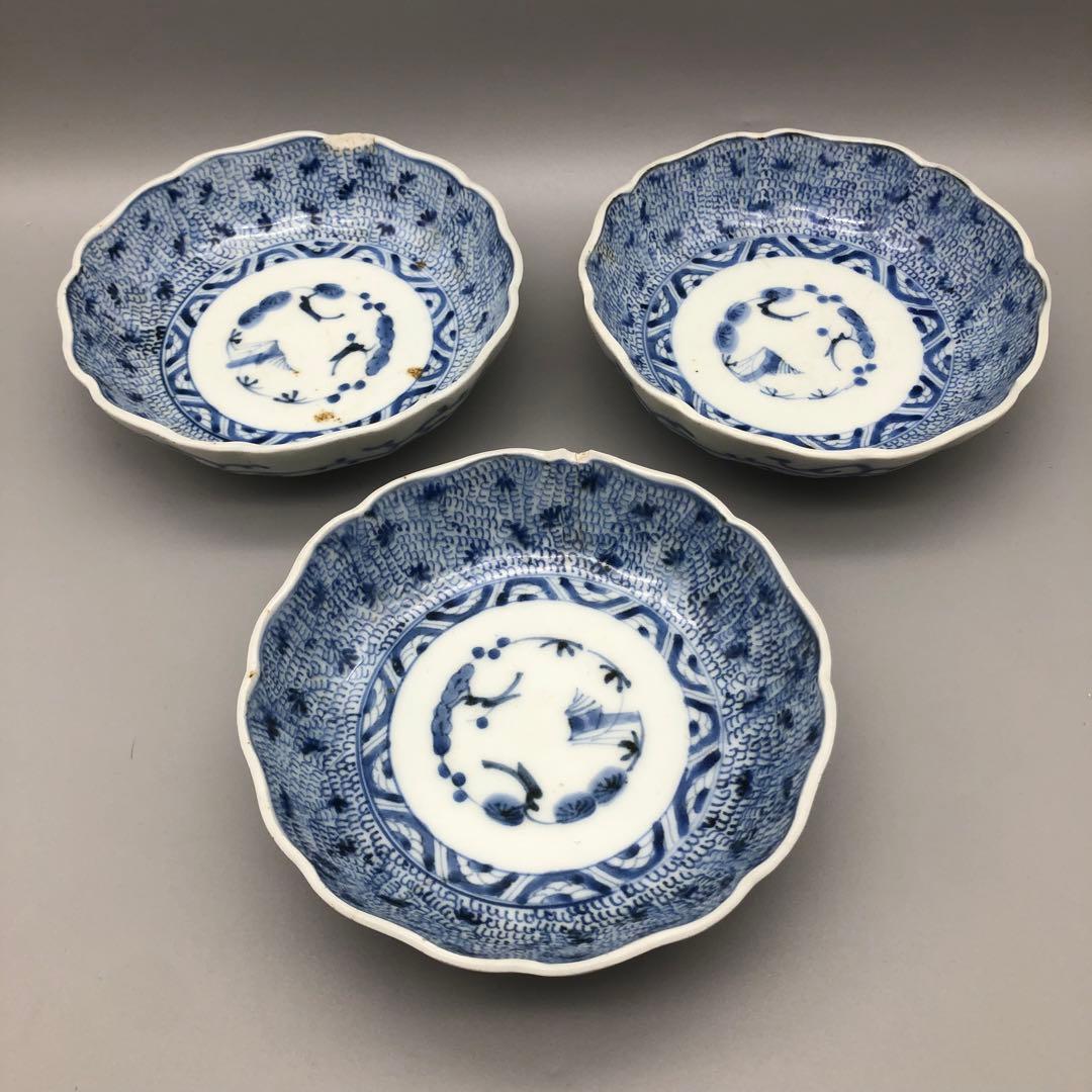 年代物希少古伊万里染付みじん唐草文なます皿 3枚15cm骨董品ビンテージ食器 年代物希少古伊万里染付みじん唐草文なます皿 3枚15cm骨董品ビンテージ