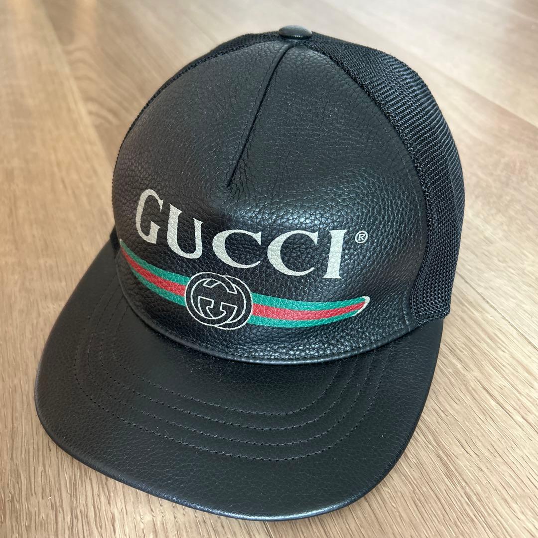 【新品未使用】Gucci 本革&ナイロン　キャップ　黒