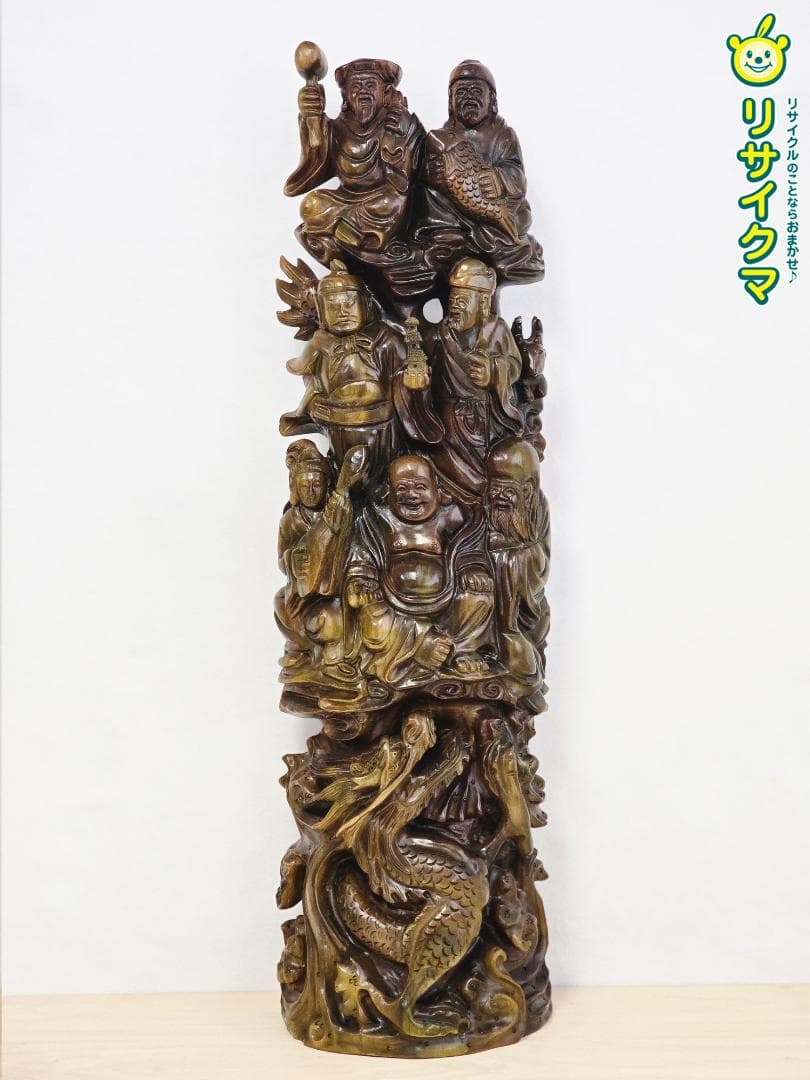 M▽七福神 彫刻 木彫り 一刀彫 緑檀 (38206)