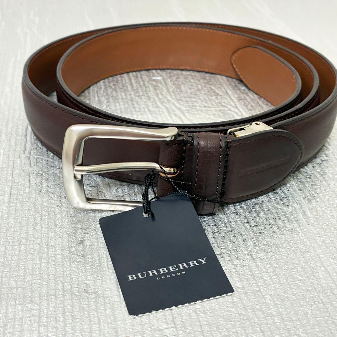 極美品　BURBERRY レザーベルト　ダークブラウン×シルバー金具　牛革