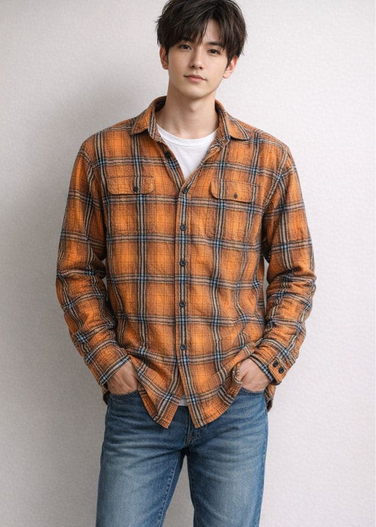 オレンジ チェック柄 ネルシャツ メンズ Lサイズ 秋冬 フランネル