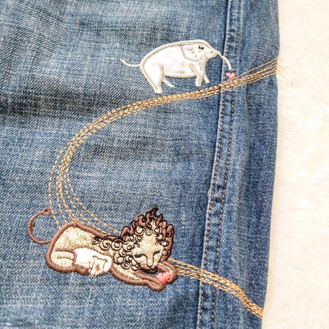 希少 ツモリチサト デニムパンツ 刺繍 動物 ビーズ ビジュー 花柄 筋斗