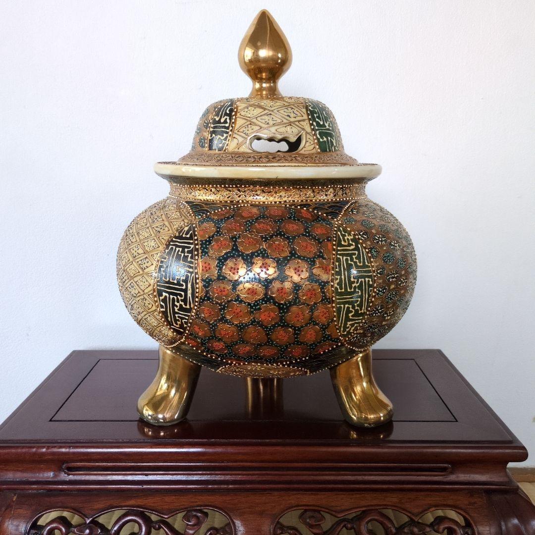 九谷焼 大香炉 三足 青粒 骨董 工芸品 古美術 アンティーク