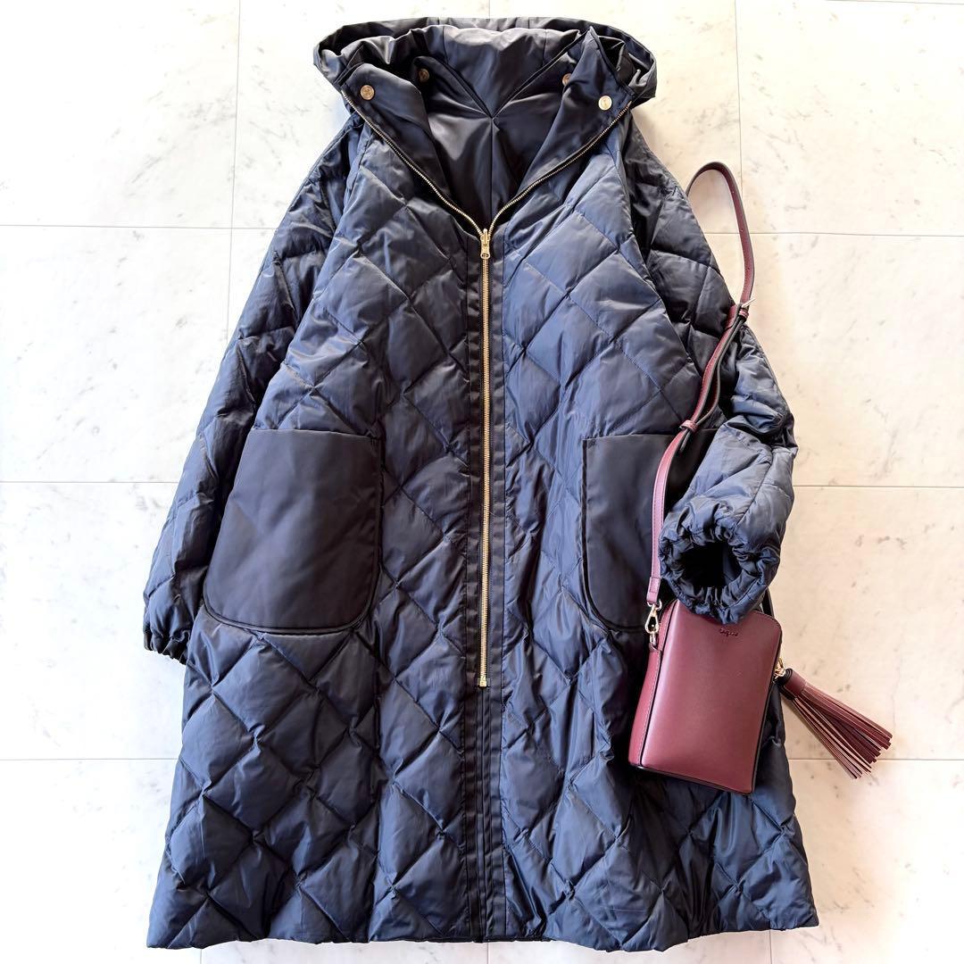 美品 トゥモローランドコレクション リナイロン フーデッドダウンコート ネイビー