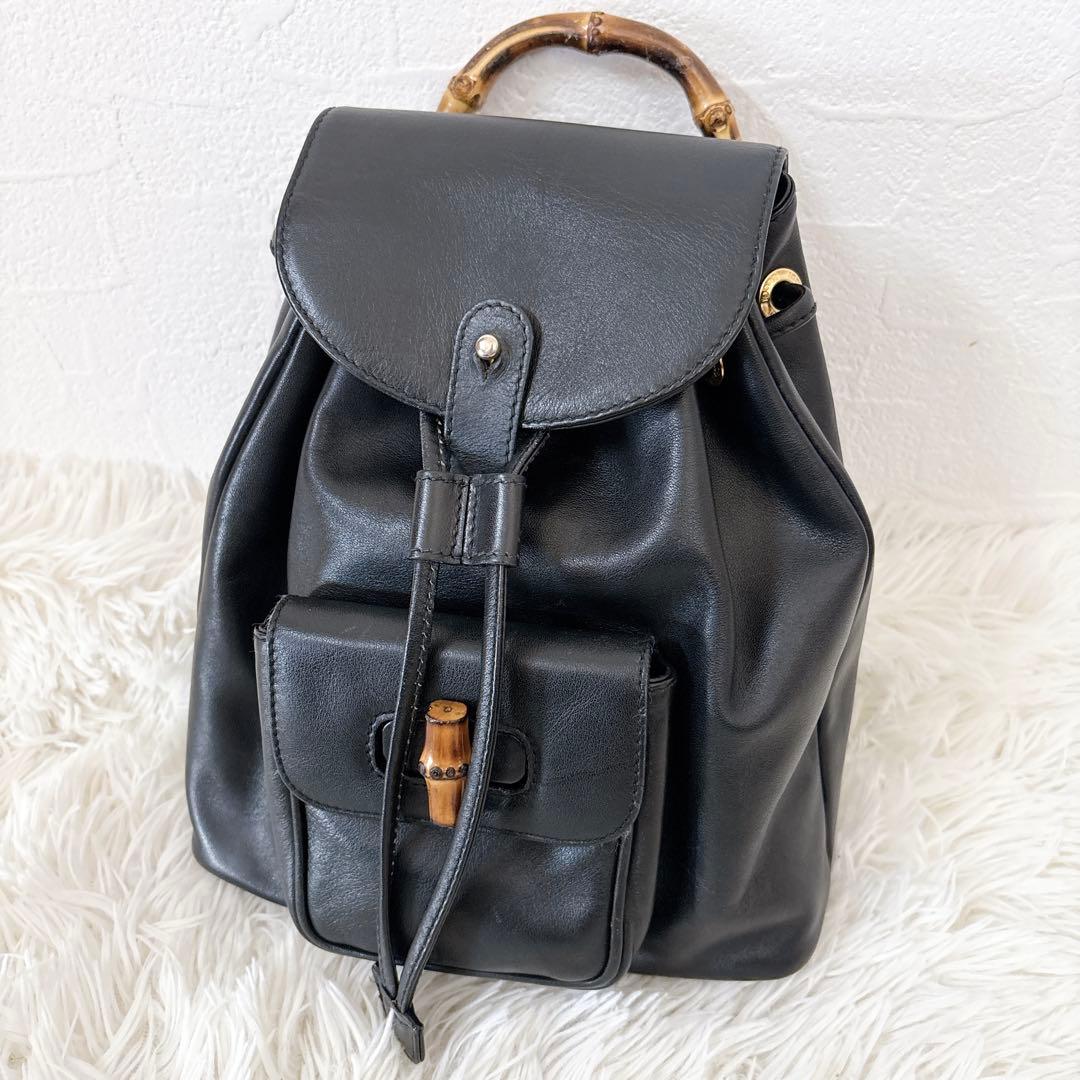 GUCCI バンブー　バックパック　レザー　ゴールド金具　ネイビー