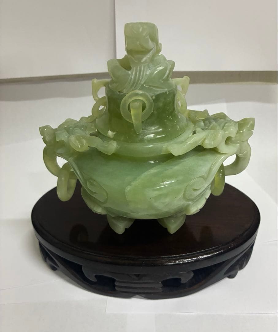 中国玉石彫刻*　双耳活環　獅子蓋　岫玉爐　1点　/置物オブジェ