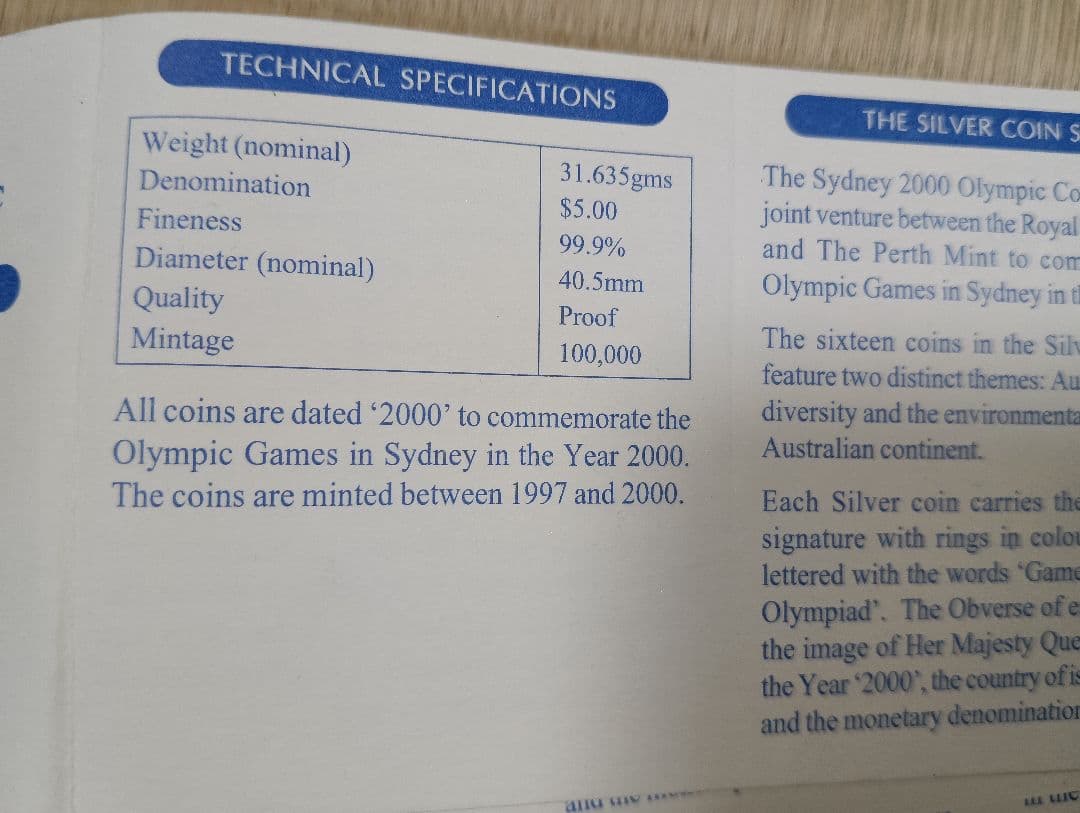 王立造幣局発行 オーストラリア シドニーオリンピック銀貨 純銀 総重量
