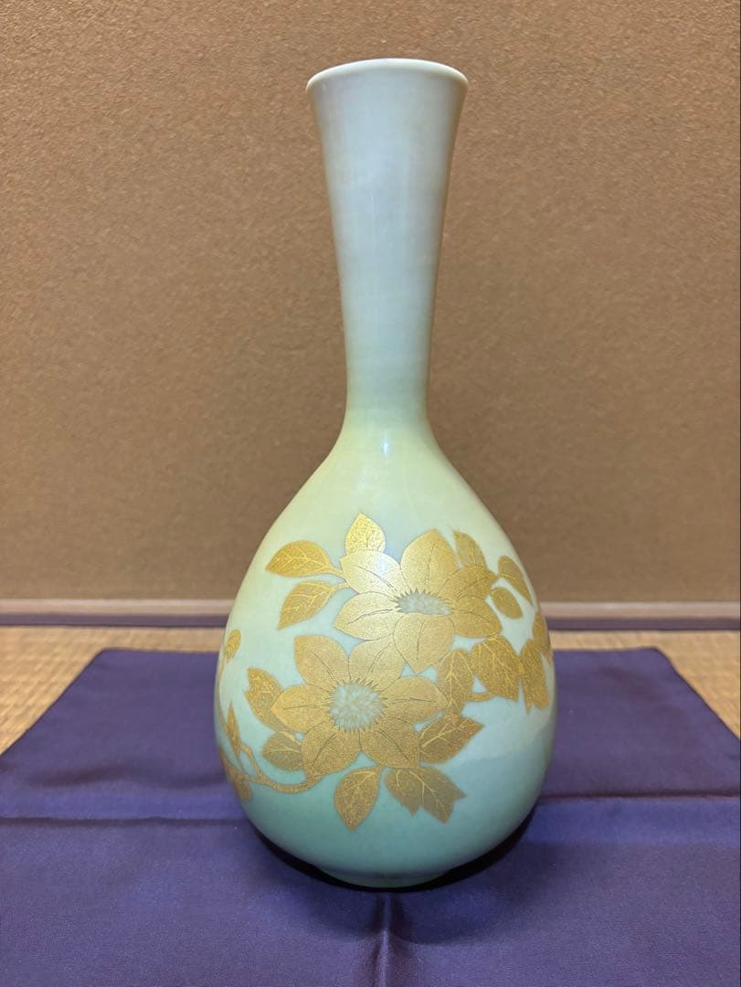 人間国宝 吉田美統 釉裏金彩芙蓉文 花瓶 花入 花器 九谷焼 高さ27.5cm