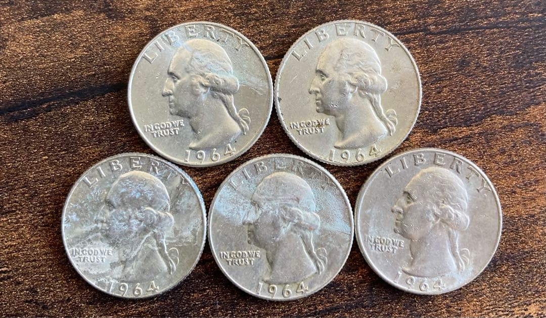 1964年　ワシントン　25セント銀貨　5枚セット