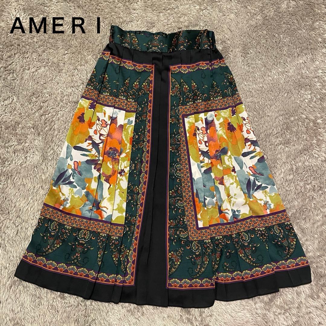 AMERI ロングスカート　スカーフ柄　緑　プリーツスカート　アメリヴィンテージ
