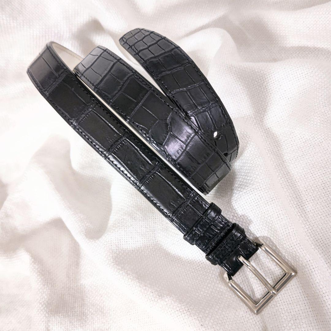 専用ジョンロブJOHN LOBBクロコダイルレザースクエアバックルベルト黒105