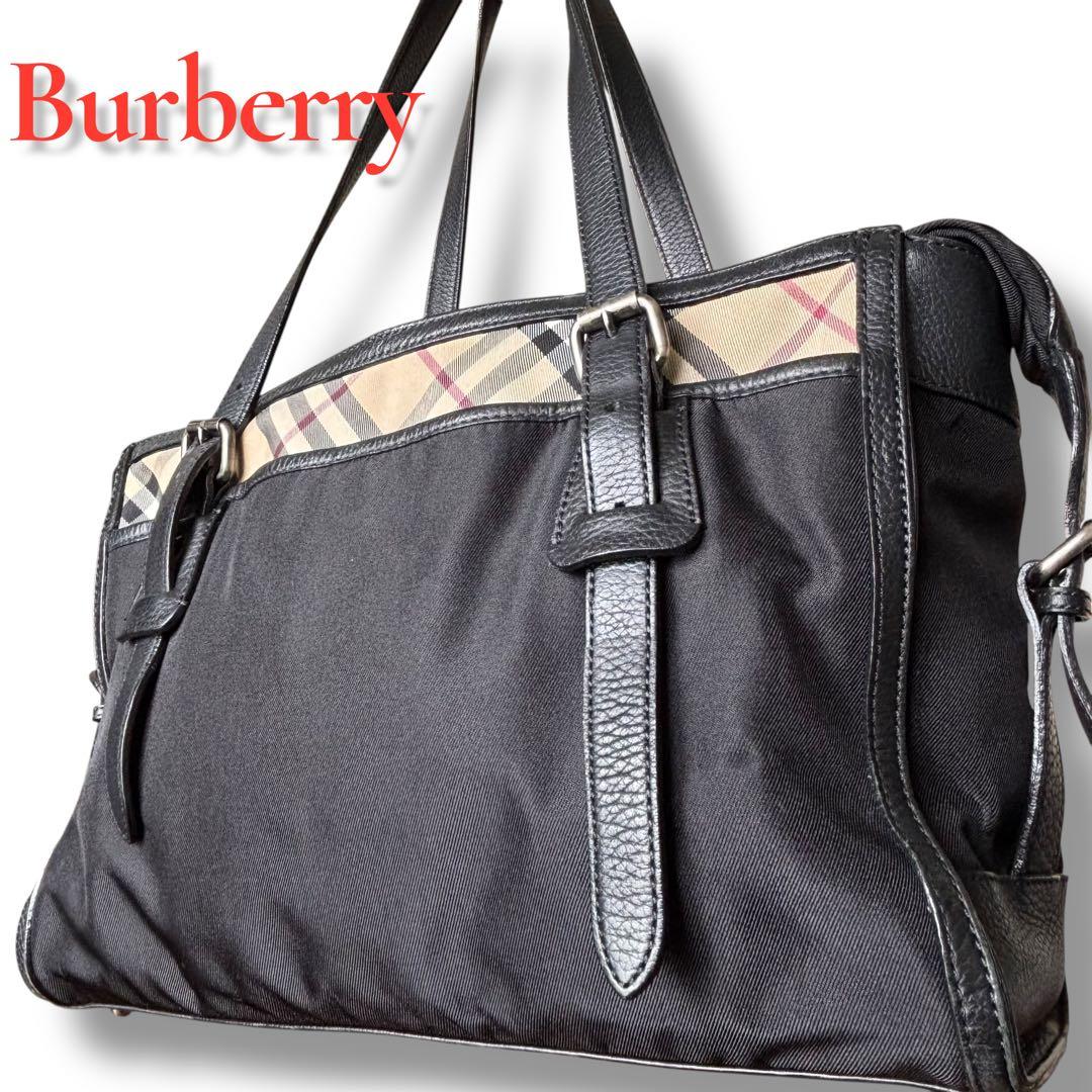 ✨超希少✨ Burberry トートバッグ レザー 黒 ノバチェックA4可 - メルカリ