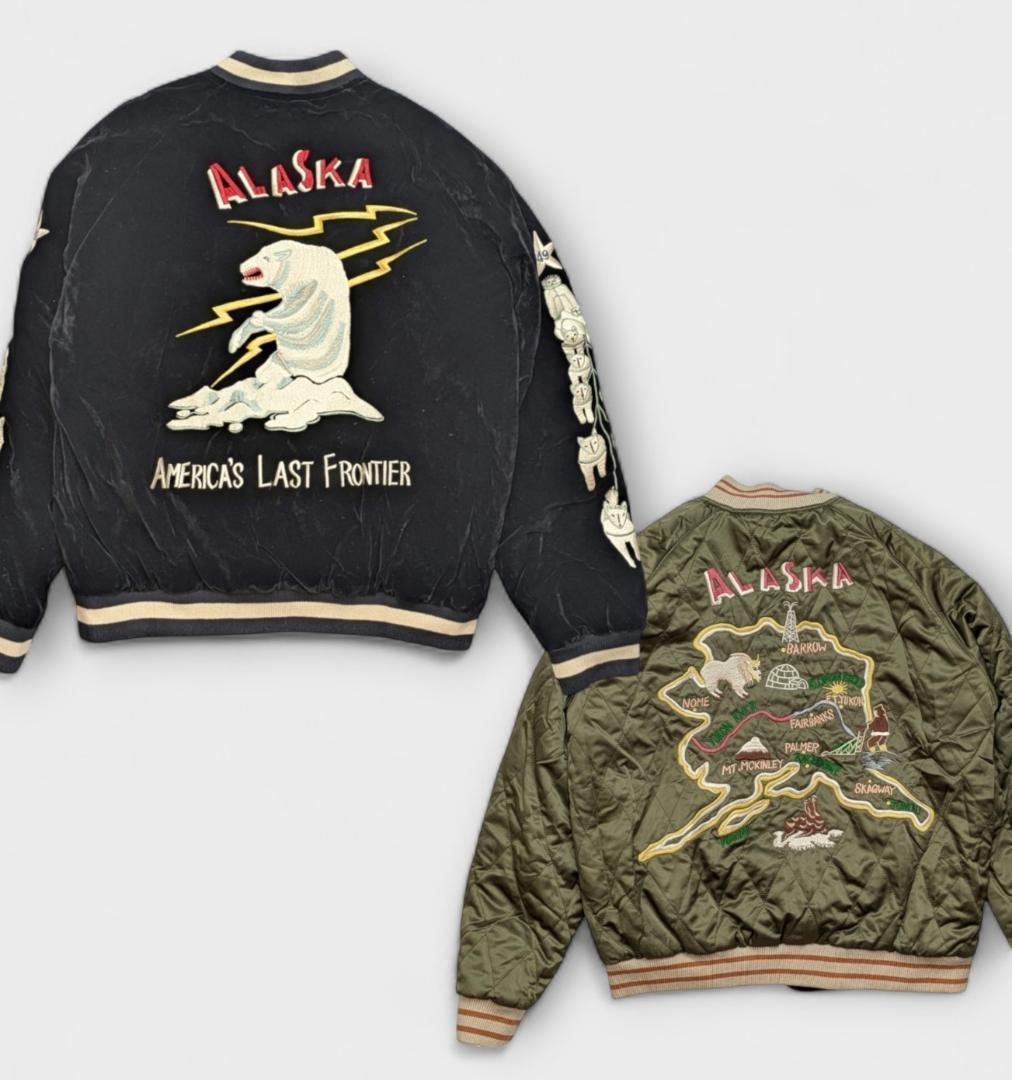 アラスカ　スカジャン　スーベニアジャケット　白熊　鹿　刺繍　　リバーシブル　L
