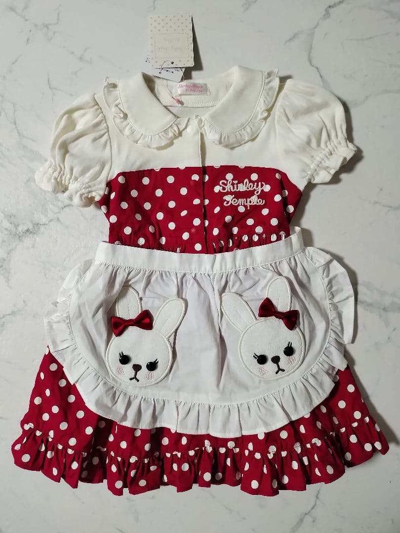 新品タグ付き シャーリーテンプル うさぎエプロンワンピース 赤 レッド 90cm