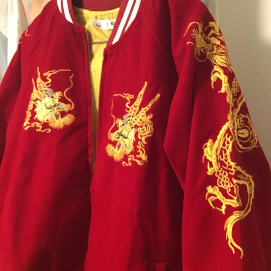 スカジャン 別珍 ベロア ドラゴン刺繍 レッド - メルカリ